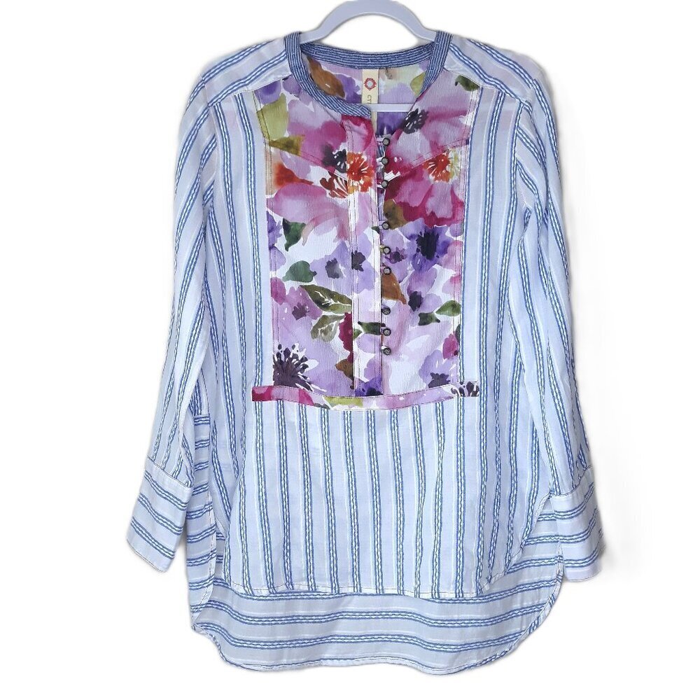 Cyrena Boho Floral Tunic Top Striped Banded Collar Artsy Cottagecore Coquette